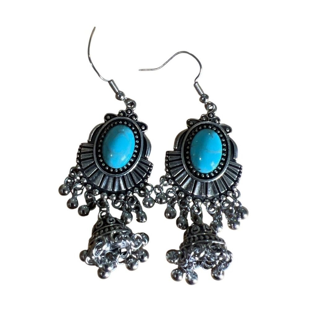 Turquoise Style Earrings‎ Silver Tone costume Southwestern Cowgirl Rodeo Boho